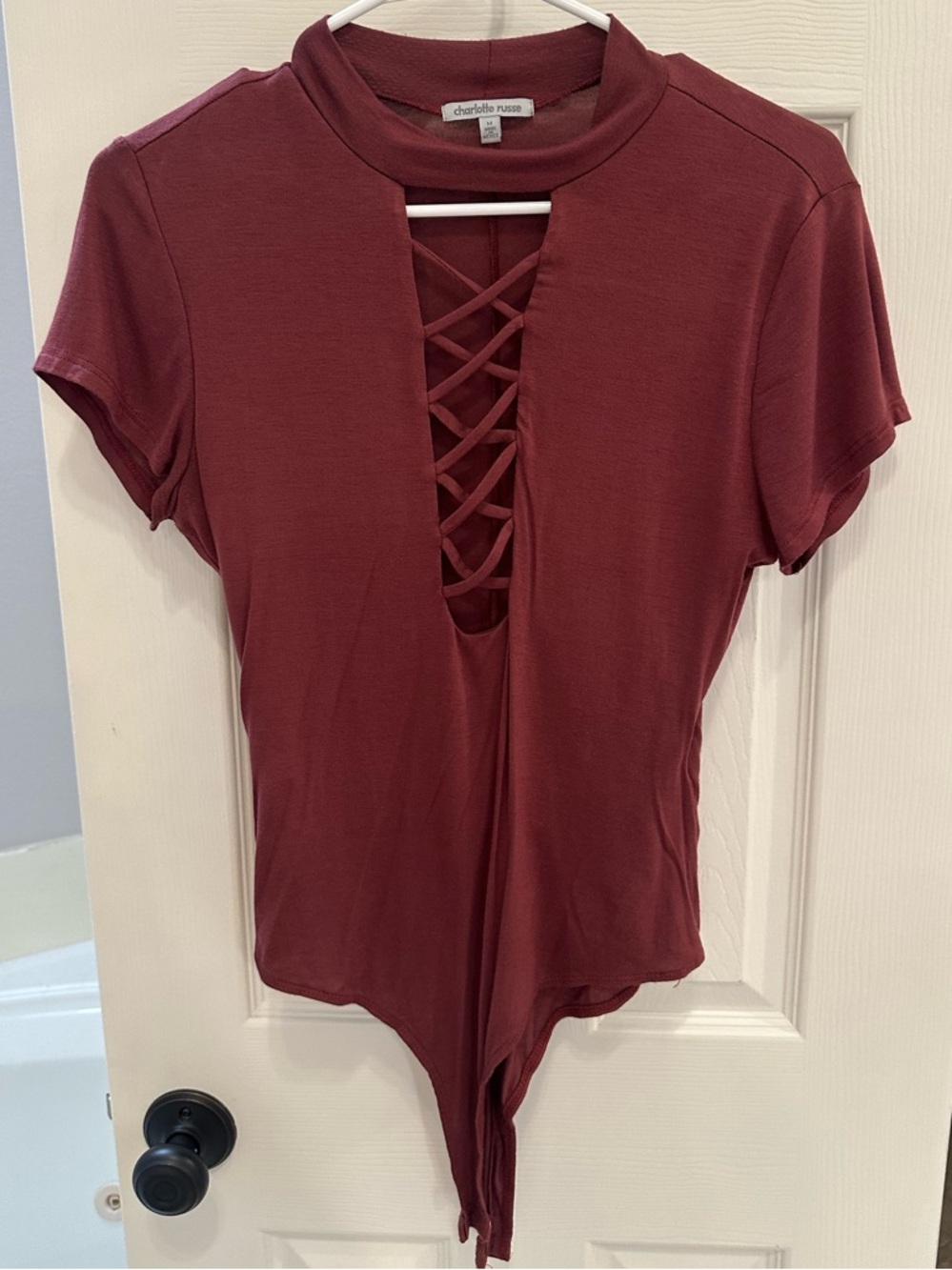 Charlotte Russe Lace-Up Burgundy Short Sleeve Bodysuit